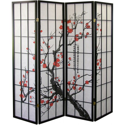 Plum Blossom Tree 4 Panel Shoji Screen -Black